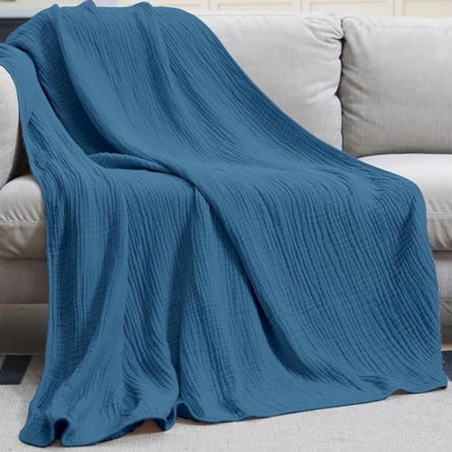 Montivo Musselin Decke 150 x 200, Sanfte Musselindecke Lightweight Summer, 100% Musselin Bettwäsche Sommerdecke, Atmungsaktiv Kühl Decke Erwachsene, für Bett, Sofa (Dunkelblau, Queen(150x200cm)) von Qosneoun
