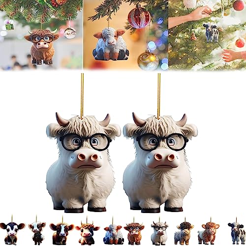 Qosneoun Cartoon Cow Decorative Ornament, Cute Cartoon Cow Car Pendant Home Tree Decoration, Cute Acrylic Highland Cow Pendants, Home Decor Gifts, Christmas Tree Halloween Ornament (2 Pcs-A) von Qosneoun
