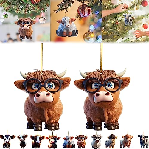 Qosneoun Cartoon Cow Decorative Ornament, Cute Cartoon Cow Car Pendant Home Tree Decoration, Cute Acrylic Highland Cow Pendants, Home Decor Gifts, Christmas Tree Halloween Ornament (2 Pcs-B) von Qosneoun