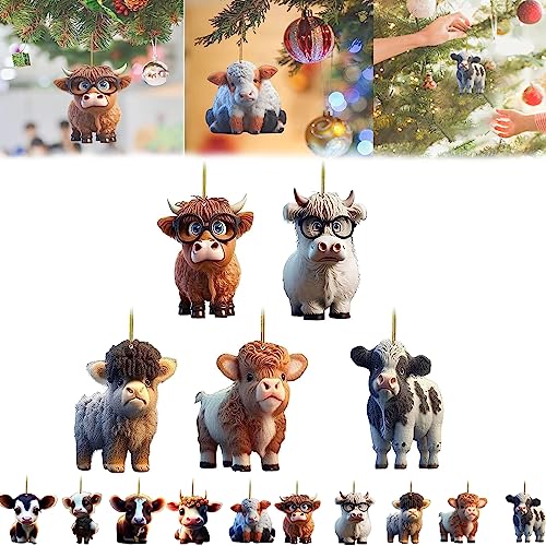 Qosneoun Cartoon Cow Decorative Ornament, Cute Cartoon Cow Car Pendant Home Tree Decoration, Cute Acrylic Highland Cow Pendants, Home Decor Gifts, Christmas Tree Halloween Ornament (5 Pcs-A) von Qosneoun