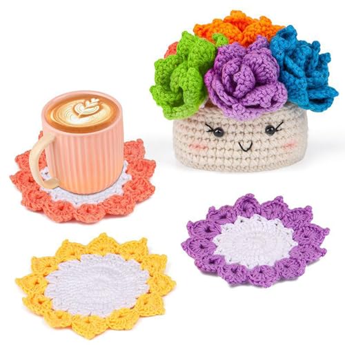 Qosneoun Handmade DIY Lily of The Valley Coasters, Crochet Coasters, 3D Flower Crochet Coaster, Beginners Hand Knitted Lily of The Valley Coaster Crochet Kit, Home Decor Table Decor (E) von Qosneoun