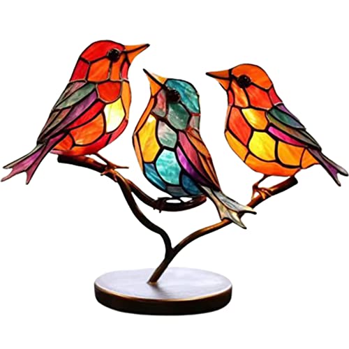 Qosneoun Libiyi Metal Birds, Stained Glass Birds On Branch Desktop Ornaments, Bird Statue Ornaments, Stained Glass Birds Figurine, Bird Series Alloy Decorations for Home Office Decor (Three Bird-A) von Qosneoun