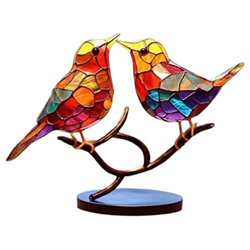 Qosneoun Libiyi Metal Birds, Stained Glass Birds On Branch Desktop Ornaments, Bird Statue Ornaments, Stained Glass Birds Figurine, Bird Series Alloy Decorations for Home Office Decor (Two Bird) von Qosneoun