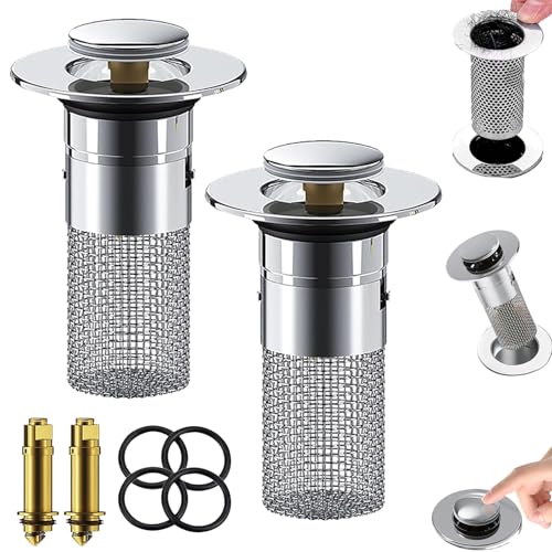 Qosneoun Stainless Steel Floor Drain Filter, Bathroom Sink Drain Strainer Hair Catcher, Pop Up Sink Drain Filter with Removable Stainless Steel Fil, Isolate Odor Prevent Cockroaches (2 Pcs) von Qosneoun