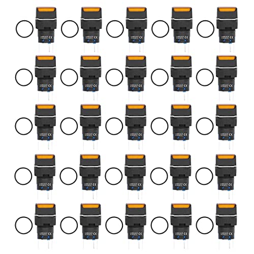 Qotolith 25 pcs kleiner Knopfschalter Selbstverriegelung quadratischer Stromschalter mit Licht 16 mm 24 V 5a (Yellow) von Qotolite