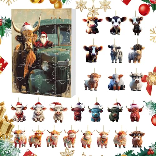 Qoukonao Adventskalender Countdown Hochlandrind | 24-Tägiger Weihnachts Kuh Schmuck Countdown Kalender | Flache 8x8cm Acrylornamente Für Auto Innenspiegel Baum Wand Tür Fenster Party Deko von Qoukonao