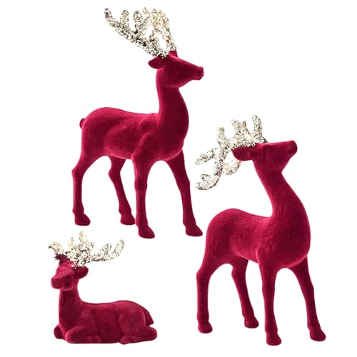 Qoukonao Weihnachts-Rentier – Weihnachts-Rentier-Dekoration, 3-teilig, rot beflockte Statue, Ornament für Zuhause, Dach, Hof, Kaminsims, , Party, Rasen von Qoukonao
