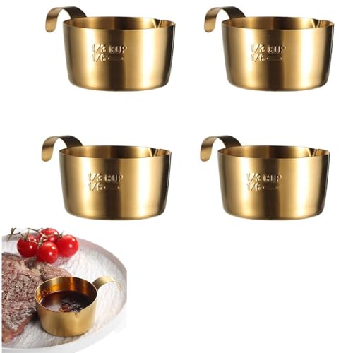 Qplcdg Edelstahl Saucenschälchen mit Griff,4 Stücke Dipschälchen Snack Dip Schalen Kleine Schälchen Mini Portionsbecher für Salatdressing Würze Dips Milch Kaffee 2.8oz (Golden) von Qplcdg