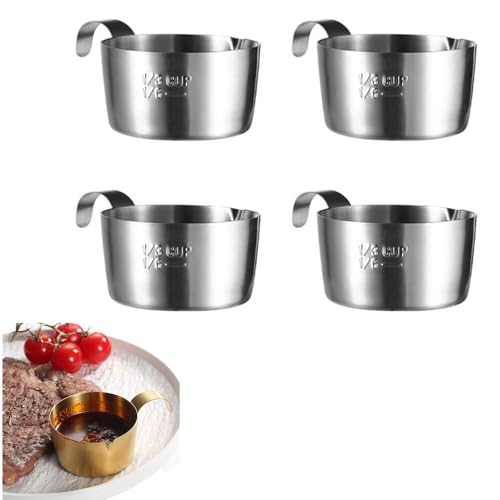 Qplcdg Edelstahl Saucenschälchen mit Griff,4 Stücke Dipschälchen Snack Dip Schalen Kleine Schälchen Mini Portionsbecher für Salatdressing Würze Dips Milch Kaffee 2.8oz (Silber) von Qplcdg