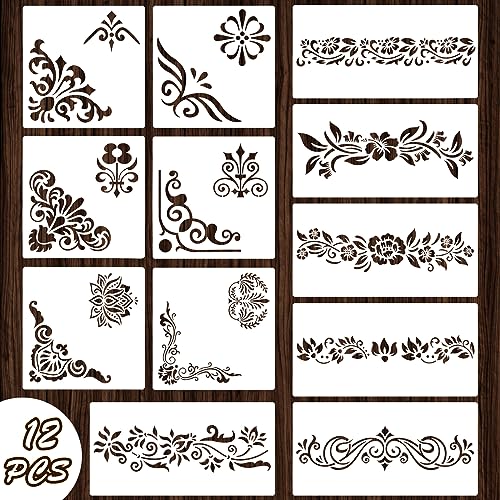 Qpout 12 Stück Blume Grenze Schablonen zum Malen, Blumen-Stammes-Totem-Design Randschablonen zum Malen an Wänden Holzmöbeln Porzellanplatten Boden Bilderrahmen Walls, Tiles, Wood von Qpout