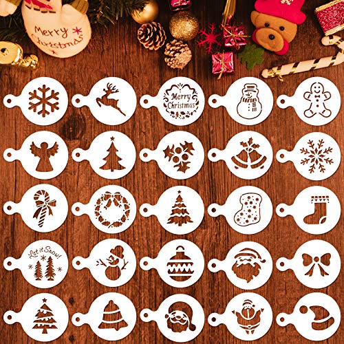 Qpout 25 Stück Weihnachten Kaffee Dekoration Schablonenset, Weihnachtsparty Keks-Fondant-Kaffee-Dekoration Prägeform, Weihnachtsmann Weihnachtsbaum Weihnachtsstrumpf Schneemann Plastik Vorlagen von Qpout