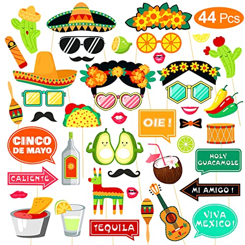 Qpout 44 STÜCKE Mexiko Fiesta Fotorequisite Mexikanischer Karneval Party Dekorationszubehör für den 1. Mai Selfie Partyzubehör Fiesta Fotodekoration Mexikanische Themenparty von Qpout