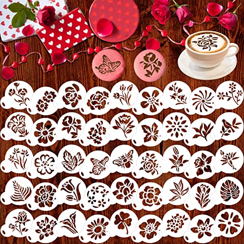 Qpout 45 Stück Kaffee Dekoration Schablonen, Blumen-Thema Plätzchen Kaffee Schablonen Backschablonen, Kunststoff Backschablonen für DIY Cappuccino Zuckerlatte Cupcake Schokolade von Qpout