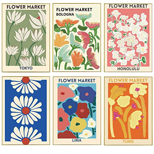 Qpout 6-teiliges Blumenmarkt-Poster Matisse Wandkunstdrucke, ästhetische Poster für dänische Pastellfarben, Raumdekoration, Wohnzimmer, Schlafzimmer, Badezimmerdekoration (20 x 25 cm) von Qpout