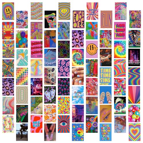 Qpout 70pcs Hippie Trippy Ästhetische Bilder Poster Wandcollage Kit, Psychedelische Poster Wand Ästhetische Bilder Cool Abstrakt DIY Neon Rock Trippy Schlafsaal Dekor Display für Erwachsene (4x6inch) von Qpout