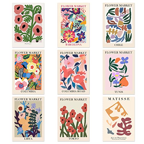 Qpout 9pcs Blumenmarkt Poster Matisse Wandkunst ungerahmte Drucke Poster (8x10 Zoll), Abstrakte Minimalistische Blumen Raumdekor für Galeriezimmer Wohnzimmer Badezimmer Dekor Zeichnung Poster von Qpout