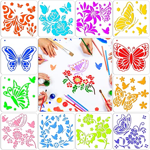 Qpout Schmetterlings Schablonen zum Malen, 12 wiederverwendbare Schmetterlings-Schablonen, Schmetterlings-Zeichenschablonen für Kinder, Schmetterlings Schablonen für Wände Poster Stein Sammelalbum von Qpout