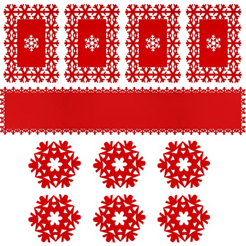 Qpout Weihnachtstischsets und Untersetzer Set, 1 Weihnachtstischläufer, 4 Rot Weihnachtstischsets, 6 Untersetzer, Schneeflocken-Design-Filz-Esstischdekoration für Winter Weihnachten Neujahrsparty von Qpout