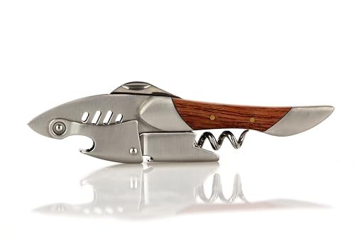 Qpractiko - Korkenzieher "Shark" | Ergonomisches Design in Haiform | Verstärkte Edelstahlspirale | Gebogene Sägeklinge | Integrierter Klappenöffner | Griff aus Hartholz, Edelstahl von Qpractiko