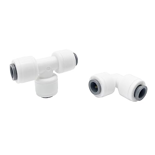 Qrity 1/4“ Wasserzulaufleitung Universal Anschluss-Set, Pushfit Gerade Stecker für Wasserrohr (Ellbogen+T-förmig RO Wasserfilter Fitting), Geeignet für Kühlschränke, Wasserspender-1 Satz von Qrity