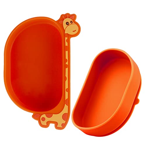 2pc Silikon Kinderteller, Baby Teller mit Saugnapf, BPA-freie Giraffen-Design,Rutschfest Babyteller mit Deckel,Mini Schüssel Passend für die Meisten Hochstühle,Spülmaschinen-und Mikrowellenfest,Orange von Qshare