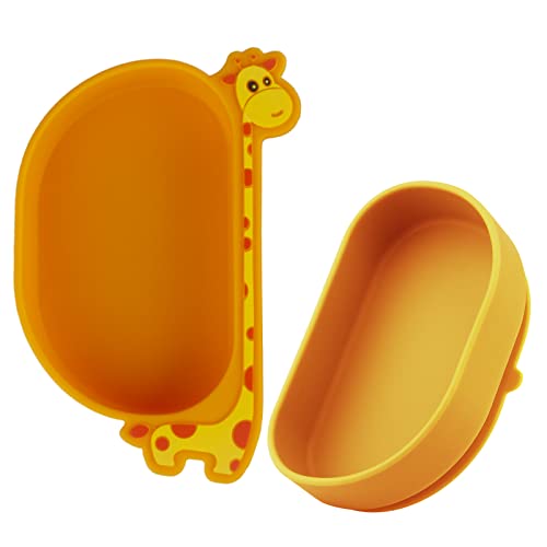 2pc Silikon Kinderteller, Baby Teller mit Saugnapf, BPA-freie Giraffen-Design,Rutschfest Babyteller mit Deckel,Mini Schüssel Passend für die Meisten Hochstühle,Spülmaschinen-und Mikrowellenfest,Gelb von Qshare