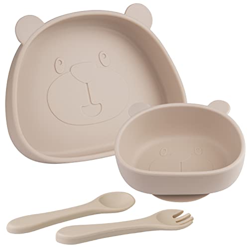 Baby Teller,Kinderteller mit Saugnapf,Rutschfest Kinder Tischset,Silikon Baby Teller,Babyteller mit Löffel Gabel, BPA Frei, Babygeschirr,Spülmaschinen-und Mikrowellenfest 4 Stück… von Qshare
