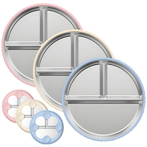 Qshare 3 Stück Edelstahl Babyteller mit Saugnapf, kinder geschirr set, Geteilte Standfeste Esslernteller Geteilte Teller - BPA-Frei - Auslaufsicher, spülmaschinenfest von Qshare