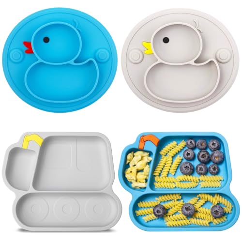 Qshare Baby Teller,4 Stück Rutschfest Kinder Tischset mit Saugnäpfen,Geteilte Standfeste Babyteller Kleinkind Teller,BPA-Frei - Spülmaschinen und Mikrowellen Fest Kinderteller (Style 1) von Qshare