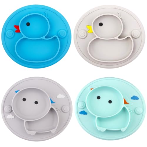 Baby Teller,4 Stück Rutschfest Kinder Tischset mit Saugnäpfen,Geteilte Standfeste Babyteller Kleinkind Teller,BPA-Frei - Spülmaschinen und Mikrowellen Fest Silikon Baby Teller (Style 1) von Qshare