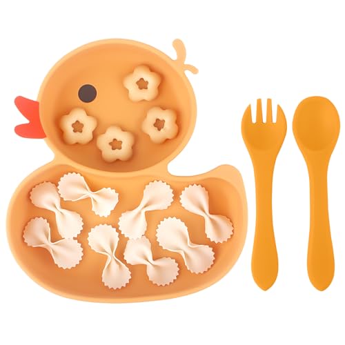 Qshare Baby Teller,Rutschfest Kinder Tischset mit Saugnäpfen,Geteilte Standfeste Babyteller Kleinkind Teller mit Löffel Gabel,BPA-Frei - Spülmaschinen und MikrowellenFest (Orange) von Qshare