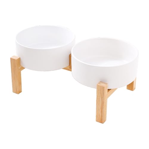 Erhöhter Holzständer für Haustiere, Futternapf, Keramik, Doppelnapf, Kippschutz, großes Fassungsvermögen, für Katzen, Hunde, erhöhte Keramik-Hundenapf-Set mit Holzständer von Qsvbeeqj