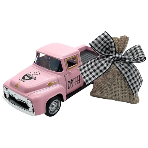 Qsvbeeqj Farmhouses Coffee Shop Dekor, Miniatur-LKW-Modell aus Metall mit abnehmbarem Jutebeutel für Küche und abgestuftes Tablett, Display für Kaffeeliebhaber, Geschenk von Qsvbeeqj
