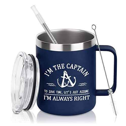 Qtencas I'm The Captain & I'm Always Right, isolierte Kaffeetasse, Edelstahl, Bootfahren, Geschenke für Männer, Vatertag, Geburtstag, Anker, Weihnachtsgeschenke für Männer, Seefahrer, Dunkelblau von Qtencas