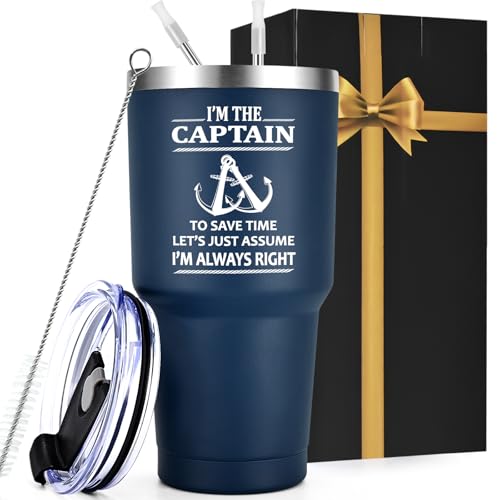 Qtencas Thermobecher aus Edelstahl mit Aufschrift "I'm The Captain & I'm Always Right", Geschenk zum Vatertag, Geburtstag, Weihnachten, für Männer, Bootsbesitzer, Segler (850 ml, dunkelblau) von Qtencas