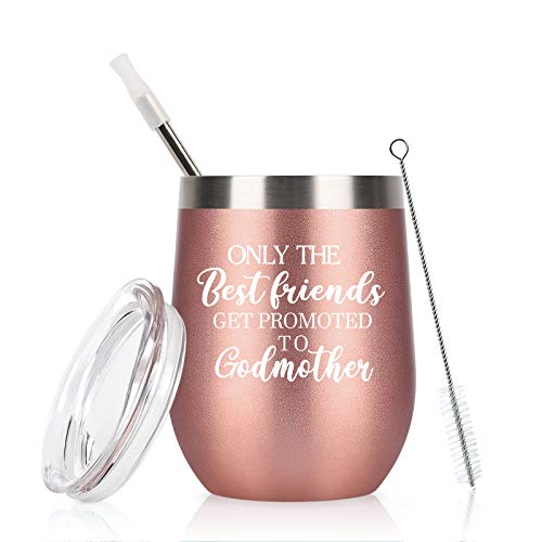 Weinglas mit Aufschrift „The Best Friends Get Promoted to Godmother“, für Weihnachten, Baby, Schwangerschaftsankündigung, Geschenke Patentante, Freunde, 340 ml, Edelstahl, isoliert, Deckel, Rotgold von Qtencas