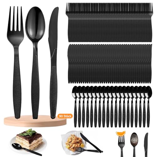 90 Stück Plastikbesteck Schwarz Set, 30 Plastikgabeln, Plastikmesser und PlastikLöffel Party Besteck Plastik Schwarz und Robustem Bestecksets für Familienfeiern, Outdoor Dinner von QttvbTna