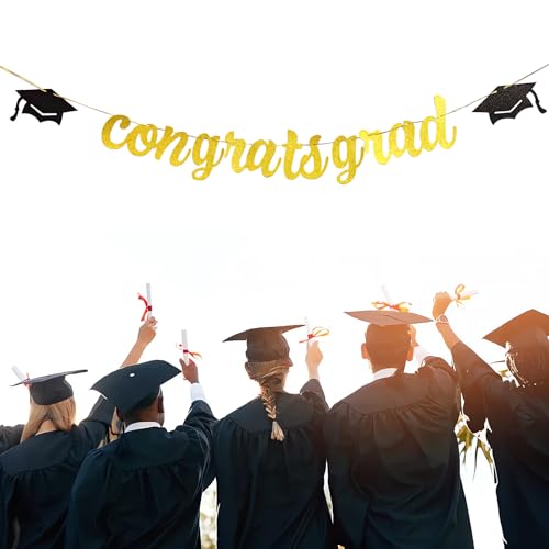 Graduation Banner Girlande Gold, Abschluss Deko Gratulation Girlande Banner Prüfung Bestanden Hängende Deko, Doktorhut Motiv Graduierung Hänge Graduation Party Deko von QttvbTna