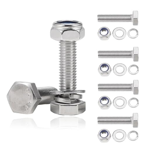 Sechskantschrauben-Set, 304 Edelstahl, Sechskant-Sicherungsmuttern, Sechskantschrauben-Set mit Nylonmuttern und Unterlegscheiben, Maschinenschrauben und Mutter für Maschinen, Möbel, Auto, Fahrrad Sechskantschrauben-Set, 304 Edelstahl, Sechskant-Sicherungsmuttern, Sechskantschrauben-Set mit Nylonmuttern und Unterlegscheiben, Maschinenschrauben und Mutter für Maschinen, Möbel, Auto, Fahrrad von QttvbTna