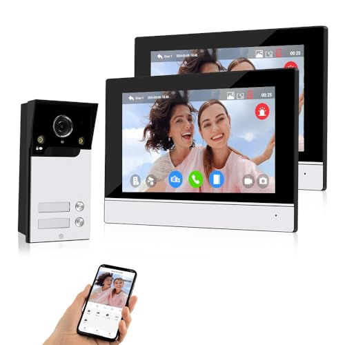 QTTYELOK WiFi Video Tür Telefon Gegensprechanlage System 1080P HD Türklingel Kamera IR Nachtsicht mit 7 Zoll Monitoren für 2 Wohnungen, 2-Wege Audio, Aufnahme, Tuya Smart APP Entsperren QTTYELOK WiFi Video Tür Telefon Gegensprechanlage System 1080P HD Türklingel Kamera IR Nachtsicht mit 7 Zoll Monitoren für 2 Wohnungen, 2-Wege Audio, Aufnahme, Tuya Smart APP Entsperren von QttyElok