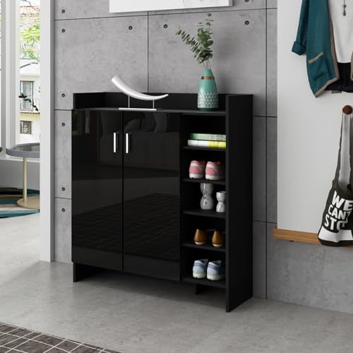 Schuhschrank Schuhkipper Shoe Cabinet Schuhkommode Holz schmal hoch mit 2 Türen 5 Offene Ablagen Freistehend Hochglanzfront für 21 Paar Schuhe Flur Eingang (Schwarz) von QuQqquu