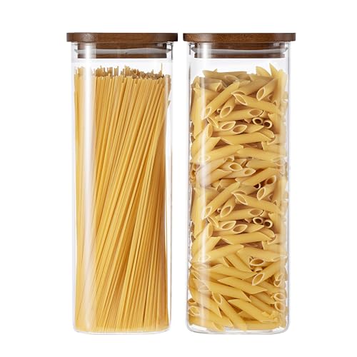 QuaLife 2er Set Vorratsgläser (2200 ml) mit Holzdeckel - Luftdichte Borosilikatglasbehälter - stapelbare Glasdosen für Spaghetti & Müsli - Quadratische Aufbewahrung von QuaLife