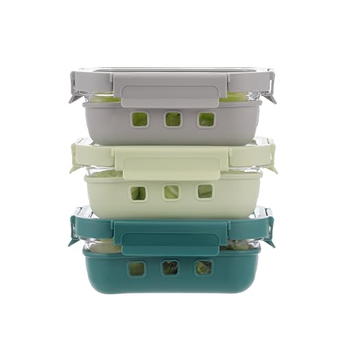 QuaLife Buntes Lunchbox-Set mit Gehärteten Glasdeckeln, Glasbehälter-Set (3 x 640 ml), Auslaufsicher, Stapelbar, Mikrowellen- & Spülmaschinengeeignet, BPA-frei, Perfekt für Meal Prep von QuaLife