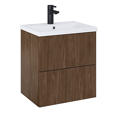 Elita 50 Badmöbel Set QUADRA 50cm 2 Schubladen Keramik Hängeschrank Badezimmerschrank mit Waschbecken Unterschrank Waschtisch Soft-Close Modern Elegant, Holzwerkstoff, Lincoln Walnuss von Elita