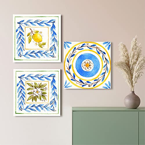 Quadri L&C ITALIA Moderne Küchenbilder – Maioliche Sizilien – Kunstdrucke auf Leinwand 25 x 25 Tris Wandbilder mit Zitronenblumen von Quadri L&C ITALIA