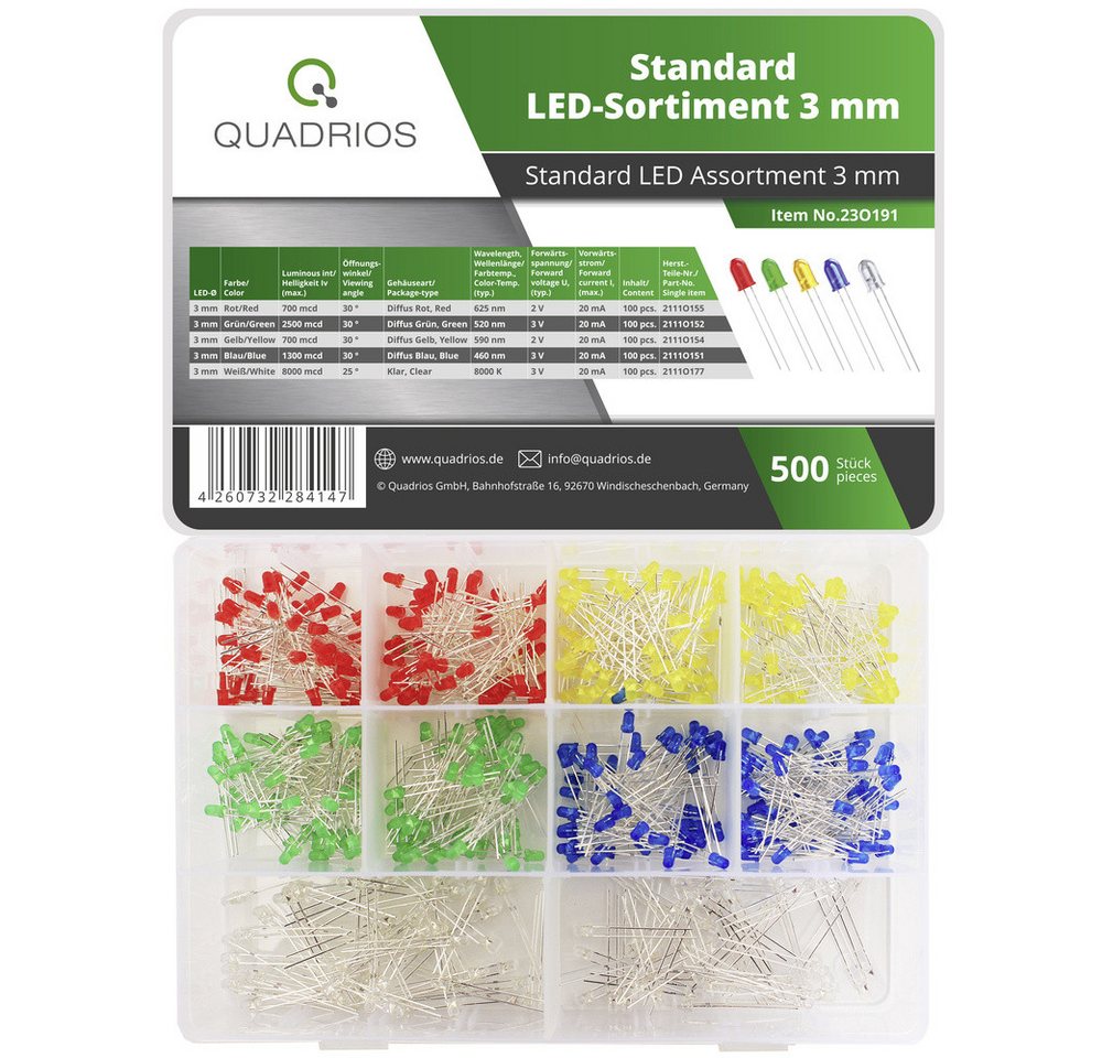 Quadrios LED-Leuchtmittel Quadrios 23O191 LED-Sortiment Rot, Grün, Gelb, Blau, Weiß 3 mm 20 von Quadrios