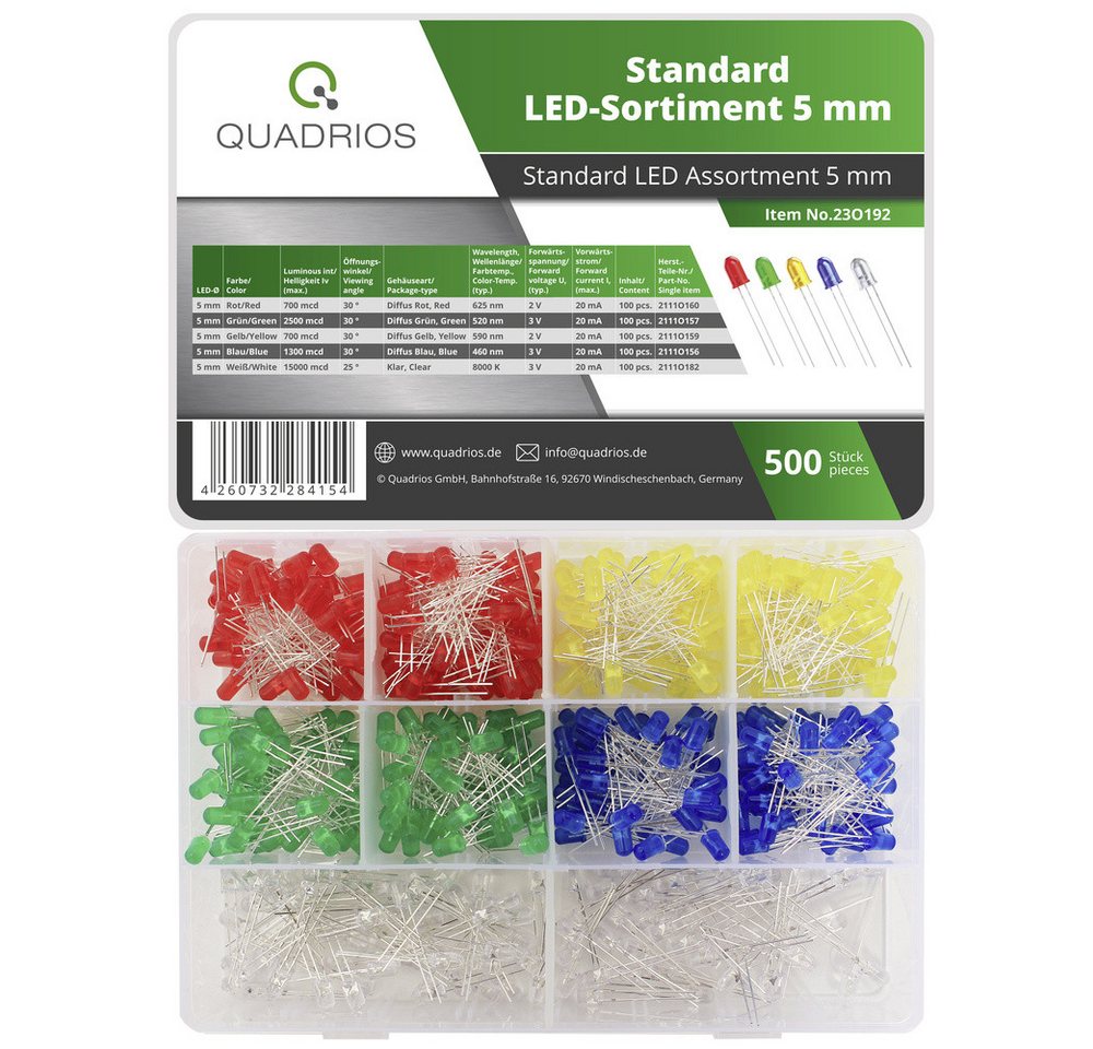 Quadrios LED-Leuchtmittel Quadrios 23O192 LED-Sortiment Rot, Grün, Gelb, Blau, Weiß 5 mm 20 von Quadrios