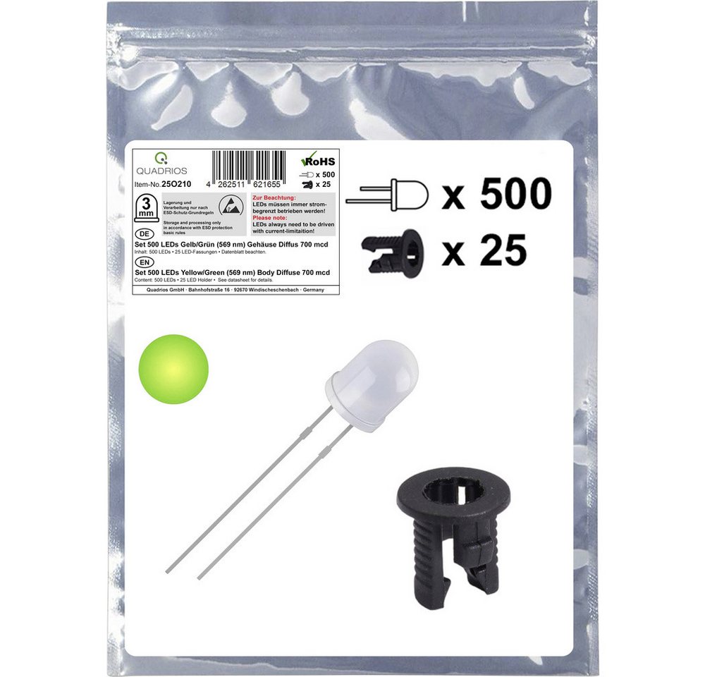 Quadrios LED-Leuchtmittel Quadrios 25O210 LED-Sortiment Gelb-Grün Rund 3 mm 700 mcd 20 mA 2.0 von Quadrios