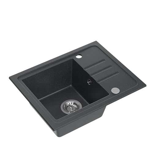 QUADRON Granitspüle Einbeckenspüle | Größe 55 x 44 x 17,5, Farbe: Schwarz | BEN 116 Einzelbecken Küchenspüle | Granit Spülbecken | mit manuellem Siphon und Abtropffläche von Quadron