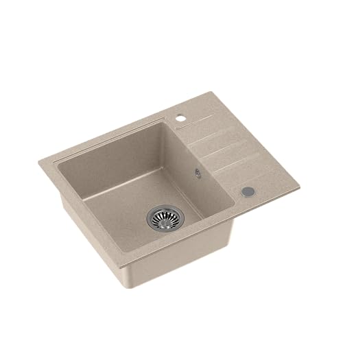 QUADRON Granitspüle Einbeckenspüle | Größe 62 x 50 x 20 cm, Farbe: Beige & Stahl | PETER 116 Einzelbecken Küchenspüle | Granit Spülbecken | mit manuellem Siphon und Abtropffläche von Quadron